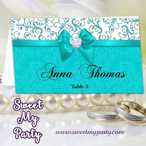 Turquoise Diamonds Wedding Place Card template,(006bw)